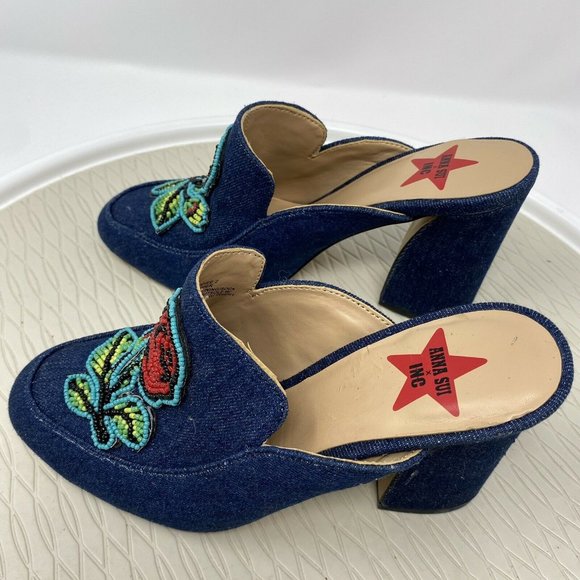 Ana Sui INC Heels 6 Denim Floral Mules Slip On Shoes Blue Beaded Pumps - Picture 3 of 12